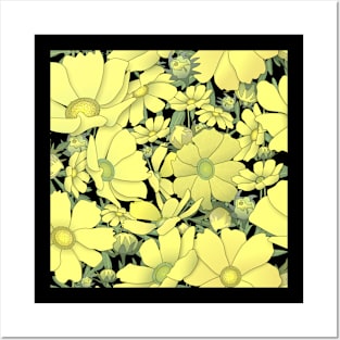 Tossed Yellow Cosmos Wildflowers on Black Posters and Art